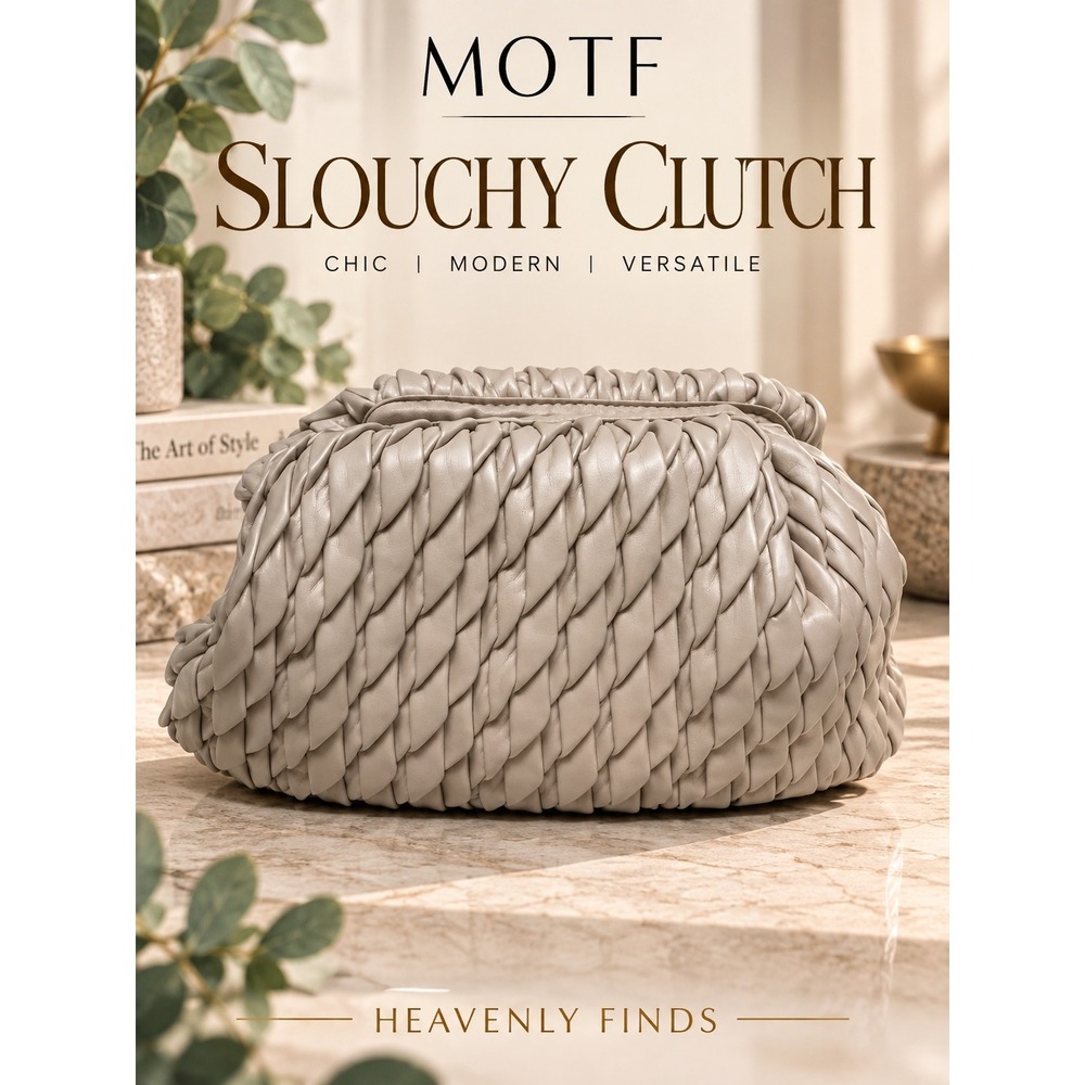MOTF Slouchy Clutch Khaki Woven PU Leather Modern Chic Pouch Bag Good